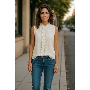 NEW Banana Republic Size PL Ruffle Front Collared Sleeveless Button Up Cream
